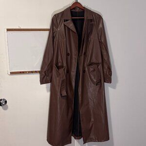 Brown Faux Leather Trench Coat with Wrist Buckles Size Small